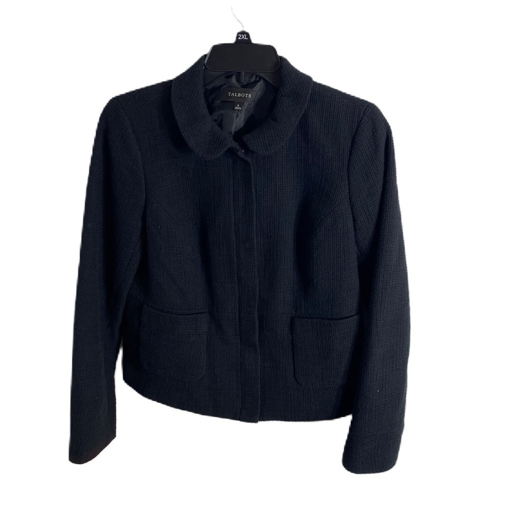 Talbots Knit Blazer Coat Jacket Black Sz 6 Boucle Women’s Collared Zip Pockets